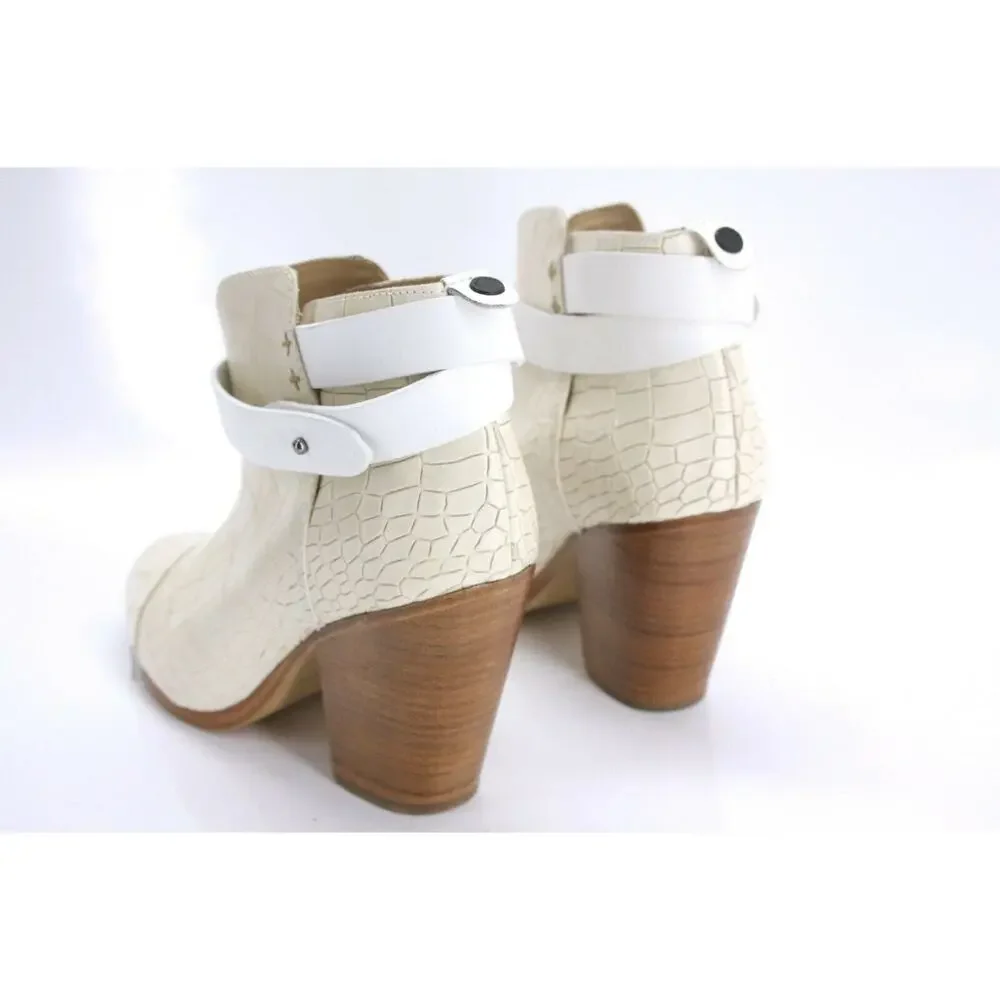 Rag & Bone Ivory Leather Harrow Ankle Booties SZ 39.5 Belted Block Heel New $550